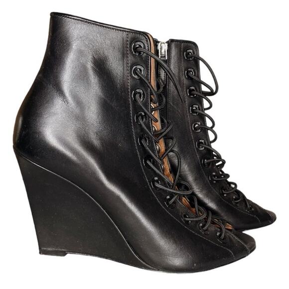 Givenchy Black Leather Lace Up Peep Toe Bondage Wedge Booties - 37.5 - Picture 1 of 10